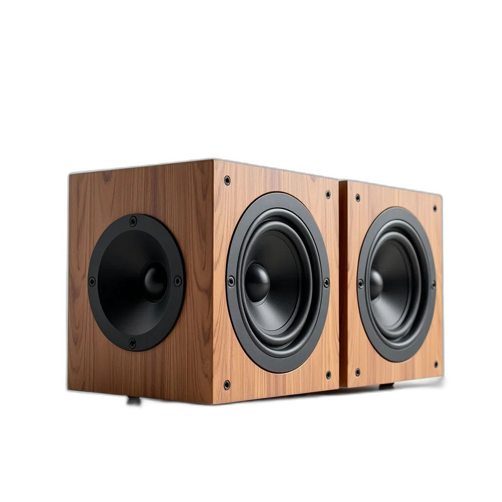 3d render, sleek, modern, speaker, system, wooden, finish, three transparent PNG cut-out