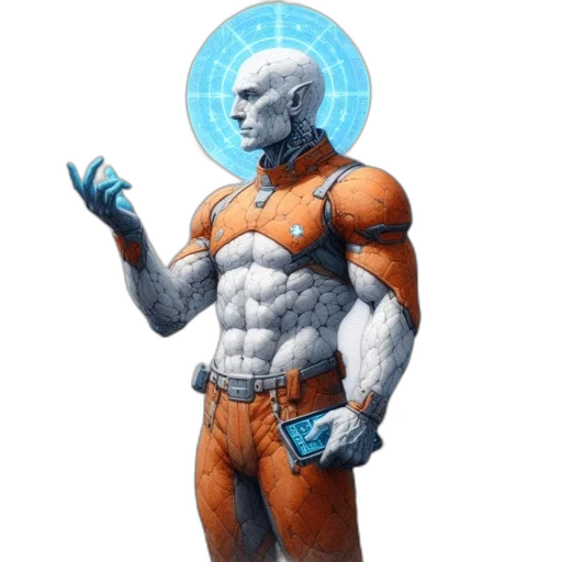 robot, staff, concept art, comic book art, fantasy art, pixel art, blue, futuristic transparent PNG cut-out