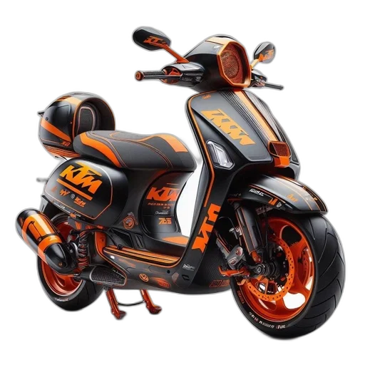 3d render, photorealistic, concept art, black, orange, custom, scooter, features transparent PNG cut-out