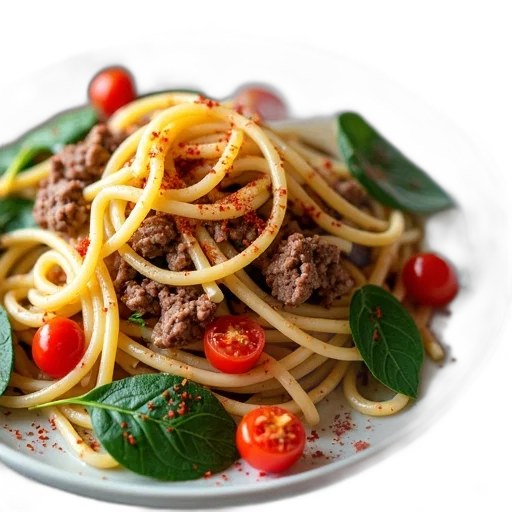 food, photorealistic, plate, pasta, variety, vegetables, meat, arranged transparent PNG cut-out