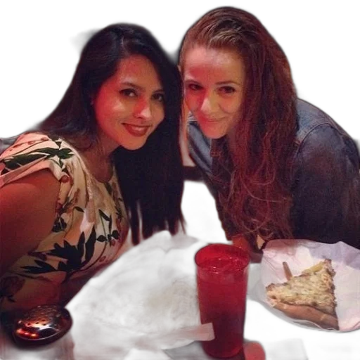 food, photorealistic, two, women, sit, table, pizza, drinks transparent PNG cut-out
