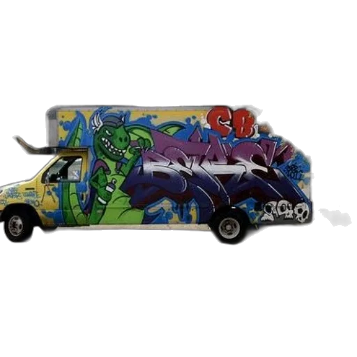 car, concept art, vibrant, graffiti-covered, truck, features, green, dinosaur transparent PNG cut-out