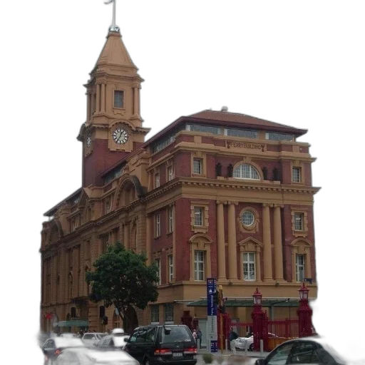 building, car, photorealistic, 3d render, concept art, city street, large, clock transparent PNG cut-out
