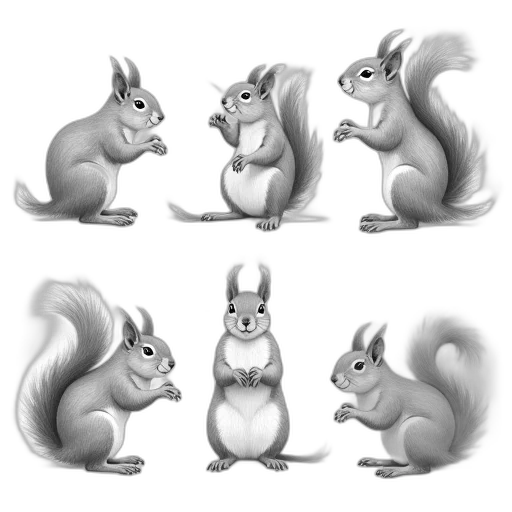 animal, concept art, 3d render, photorealistic, pencil sketch, monochrome, collection, six transparent PNG cut-out