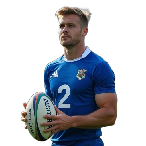 rugby, player, blue, jersey, number, front, holding, ball transparent PNG cut-out