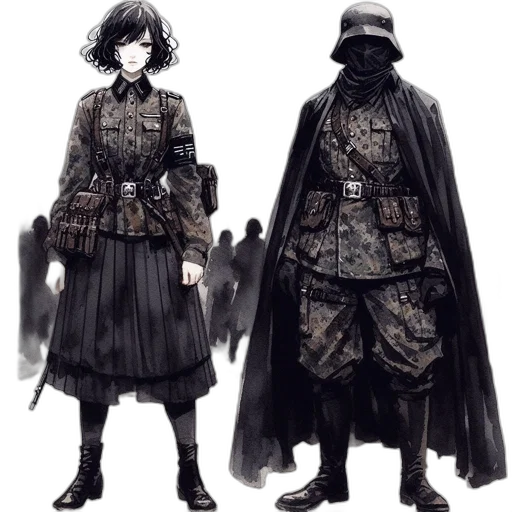 concept art, fantasy art, comic book art, pixel art, dark, monochrome, two, military-clad transparent PNG cut-out