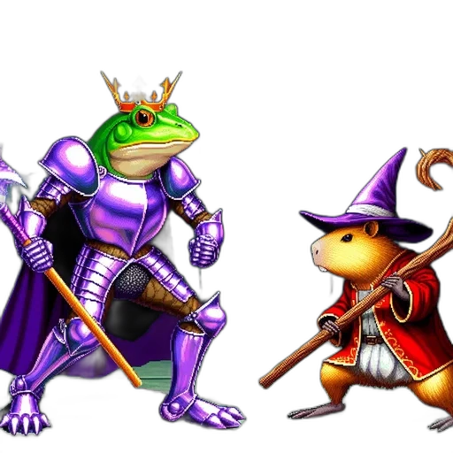 concept art, fantasy art, pixel art, 3d render, anthropomorphic, characters, frog, squirrel transparent PNG cut-out