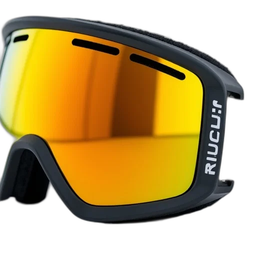 3d render, close-up, black, yellow, snow, goggle, reflective, lens transparent PNG cut-out