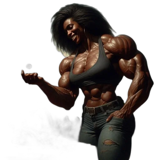 concept art, photorealistic, fantasy art, comic book art, muscular, woman, radiantly, smiling transparent PNG cut-out