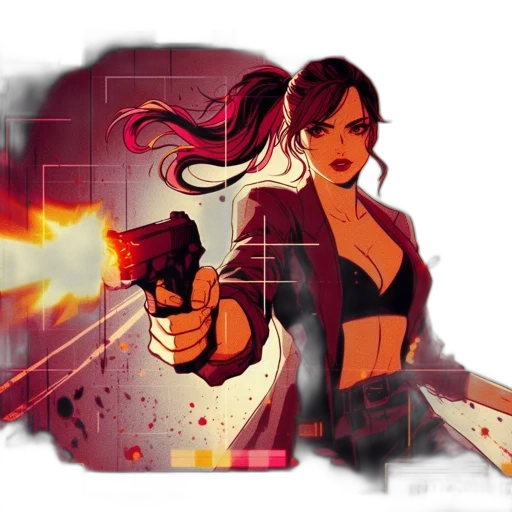 weapon, comic book art, concept art, pixel art, cyberpunk, fire, animated, female transparent PNG cut-out