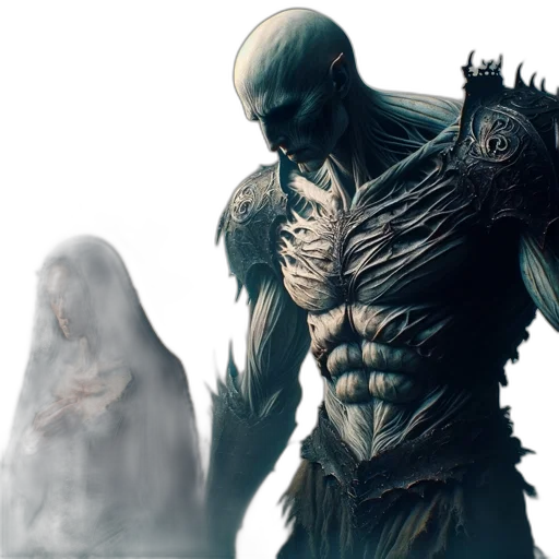creature, concept art, fantasy art, comic book art, 3d render, fog, underwater, hooded transparent PNG cut-out