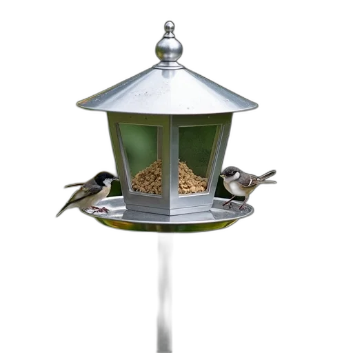 3d render, silver, bird, feeder, mounted, black, pole, garden transparent PNG cut-out