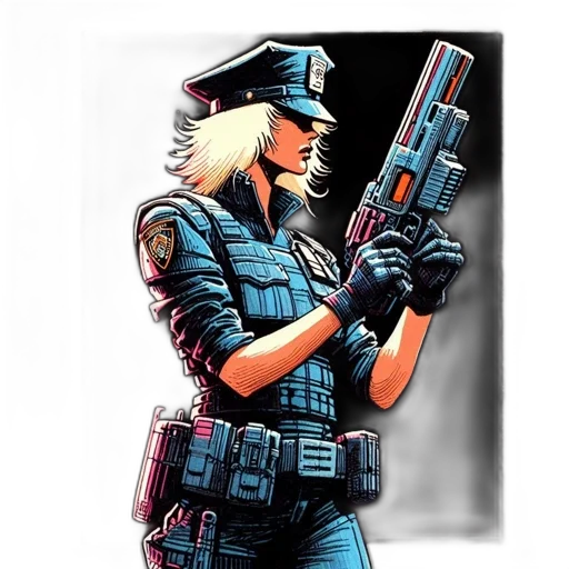 weapon, jacket, comic book art, concept art, cyberpunk, pixel art, blue, female transparent PNG cut-out