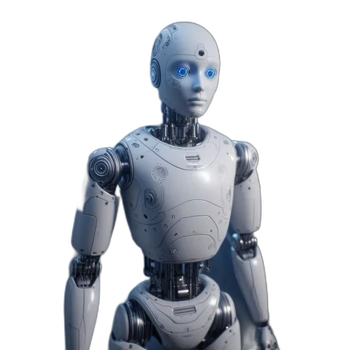 robot, 3d render, concept art, cyberpunk, gleaming, white, humanoid, stands transparent PNG cut-out