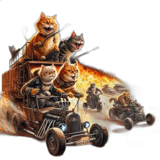 car, concept art, fantasy art, comic book art, fire, post-apocalyptic, landscape, cats transparent PNG cut-out