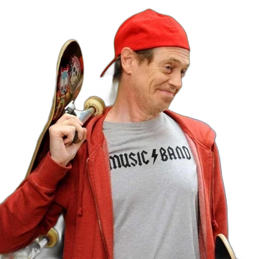 hat, staff, jacket, weapon, man, red, holds, skateboard transparent PNG cut-out