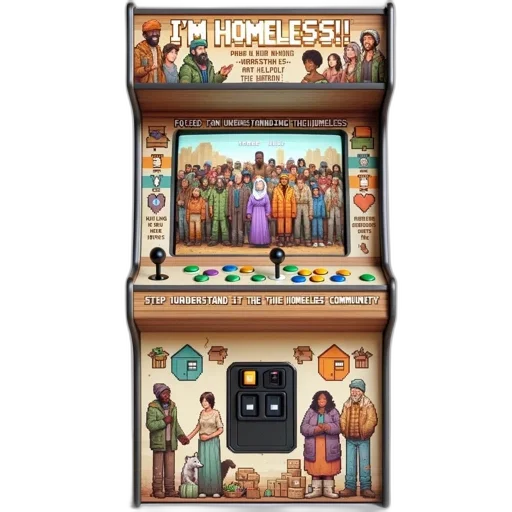 concept art, image, shows, arcade, machine, called, homeless, advocating transparent PNG cut-out