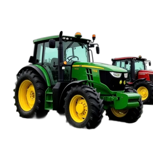yellow, black, deere, tractor, parked, grassy, field, cloudy transparent PNG cut-out