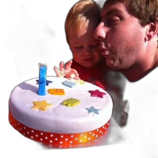 man, kisses, child, while, holding, birthday, cake, colorful transparent PNG cut-out