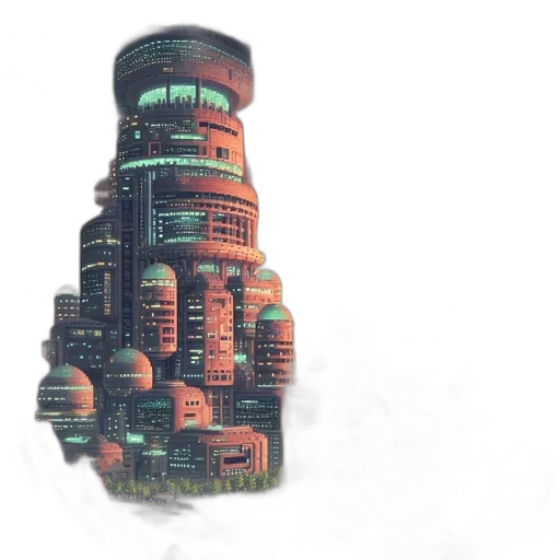 robot, building, bottle, concept art, cyberpunk, 3d render, pixel art, outer space transparent PNG cut-out