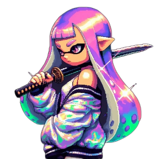 weapon, jacket, staff, sword, pixel art, vaporwave, cyberpunk, anime transparent PNG cut-out