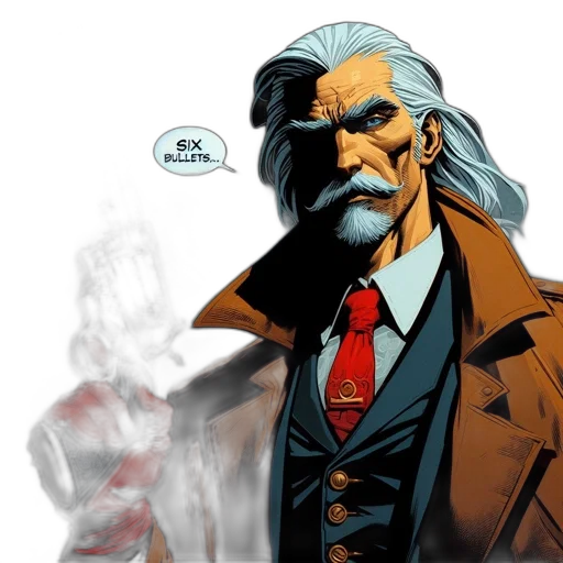comic book art, concept art, mature, man, white, hair, mustache, holds transparent PNG cut-out