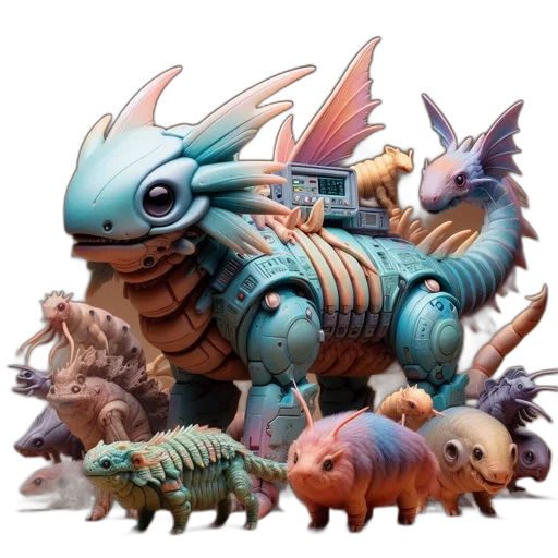dragon, creature, robot, weapon, concept art, fantasy art, pastel, central transparent PNG cut-out