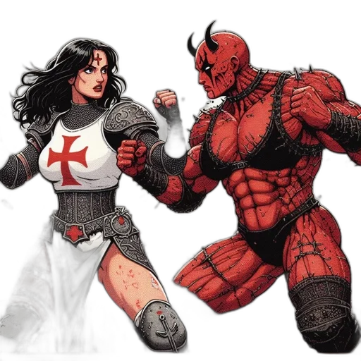 comic book art, concept art, fantasy art, red, two, adversaries, woman, white transparent PNG cut-out