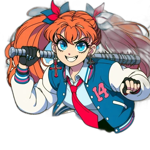 jacket, staff, weapon, hair, anime, vaporwave, pixel art, cartoon transparent PNG cut-out