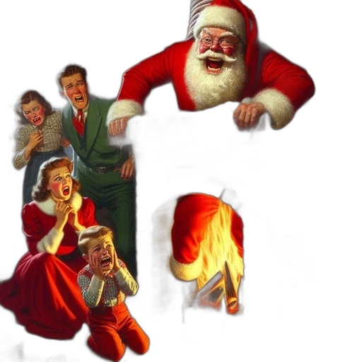 concept art, 3d render, fire, santa, claus, enters, home, unexpectedly transparent PNG cut-out