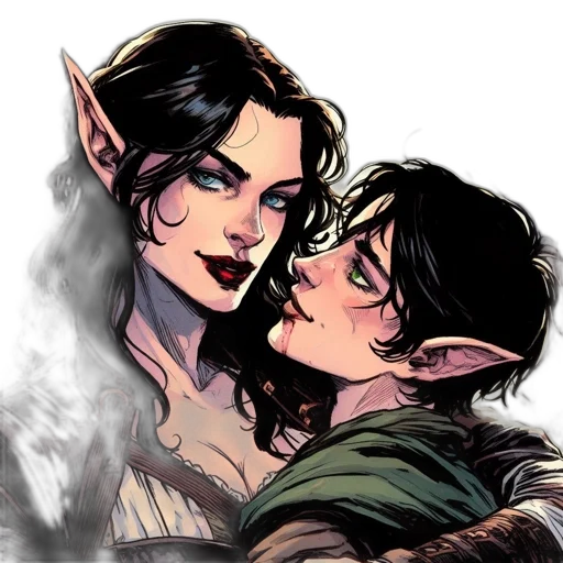fantasy art, comic book art, concept art, watercolor, green, two, elven, characters transparent PNG cut-out