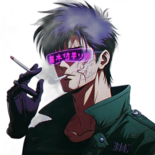 jacket, weapon, mask, face, cyberpunk, vaporwave, anime, pixel art transparent PNG cut-out