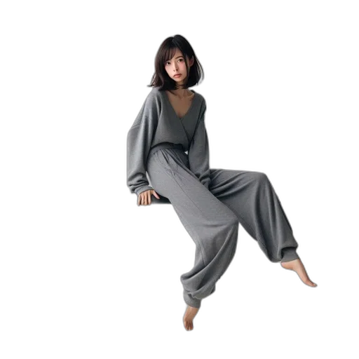 dress, 3d render, young, woman, gray, ensemble, sits, horizontal transparent PNG cut-out