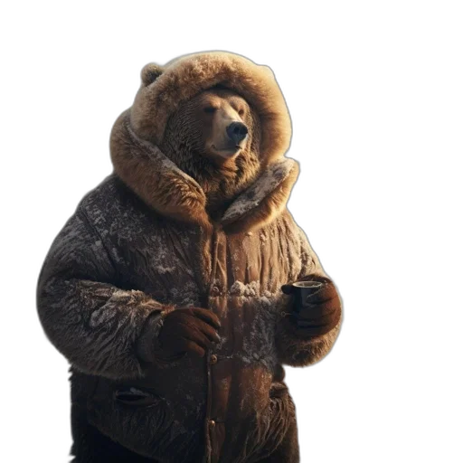 jacket, animal, creature, face, concept art, 3d render, bear, wearing transparent PNG cut-out