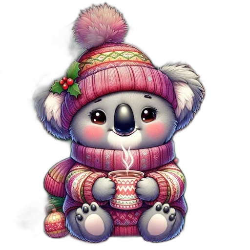 concept art, pixel art, fantasy art, pencil sketch, snow, festive, animated, koala transparent PNG cut-out