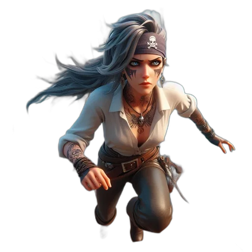 staff, jacket, concept art, fantasy art, 3d render, comic book art, woman, pirate transparent PNG cut-out