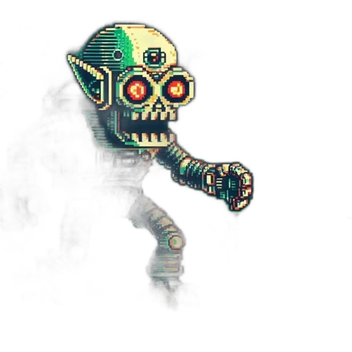 robot, mask, creature, staff, pixel art, concept art, 3d render, fantasy art transparent PNG cut-out