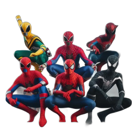 mask, concept art, comic book art, 3d render, six, diverse, spider-man, characters transparent PNG cut-out