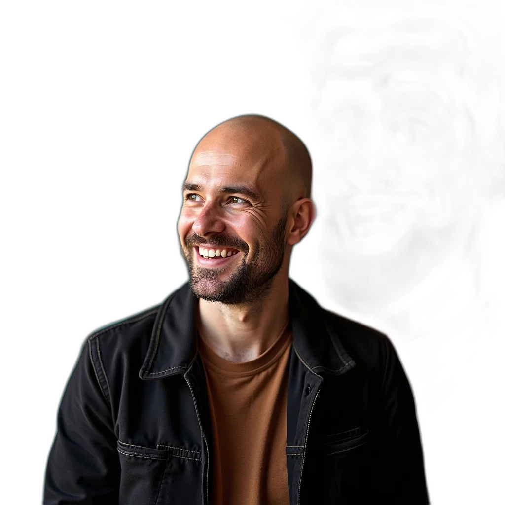 jacket, staff, face, robot, man, balding, head, smiling transparent PNG cut-out
