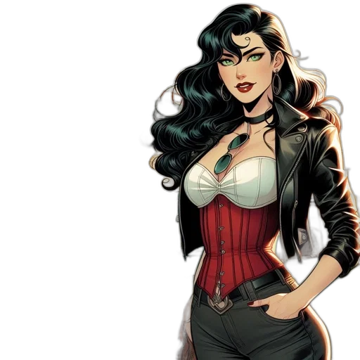 comic book art, concept art, cartoon, woman, striking, green, eyes, stands transparent PNG cut-out