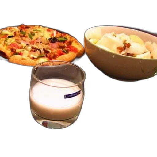 food, glass, milk, sits, next, pizza, bowl, salad transparent PNG cut-out