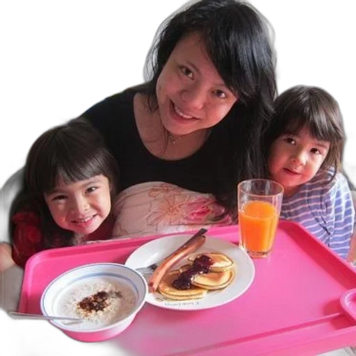 food, photorealistic, woman, two, children, sit, table, pink transparent PNG cut-out