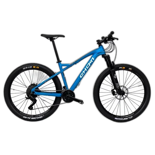 blue, black, mountain, bike, seat, handlebars, displayed, against transparent PNG cut-out