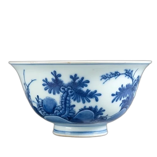 photorealistic, blue, white, porcelain, bowl, qiwan, mark, mid transparent PNG cut-out