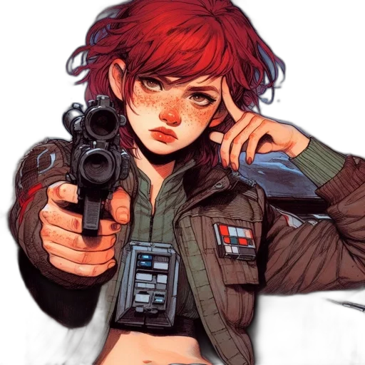 jacket, weapon, comic book art, concept art, cyberpunk, pixel art, red, woman transparent PNG cut-out