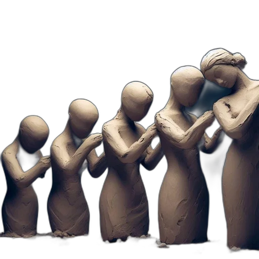 concept art, 3d render, group, human-like, sculptures, carved, grayish, material transparent PNG cut-out