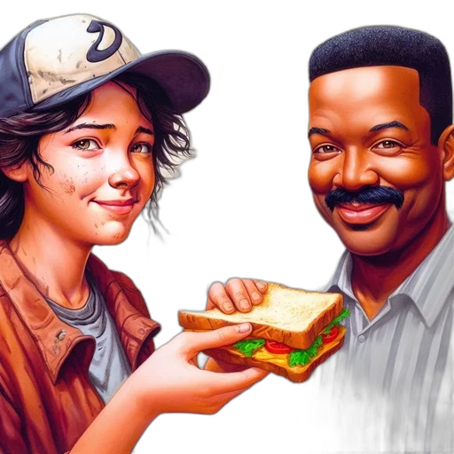 food, concept art, comic book art, photorealistic, fantasy art, two, people, smile transparent PNG cut-out
