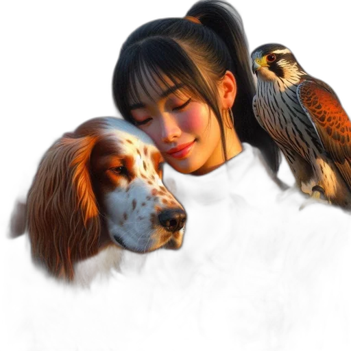 animal, photorealistic, oil painting, fantasy art, concept art, woman, ponytail, embraces transparent PNG cut-out