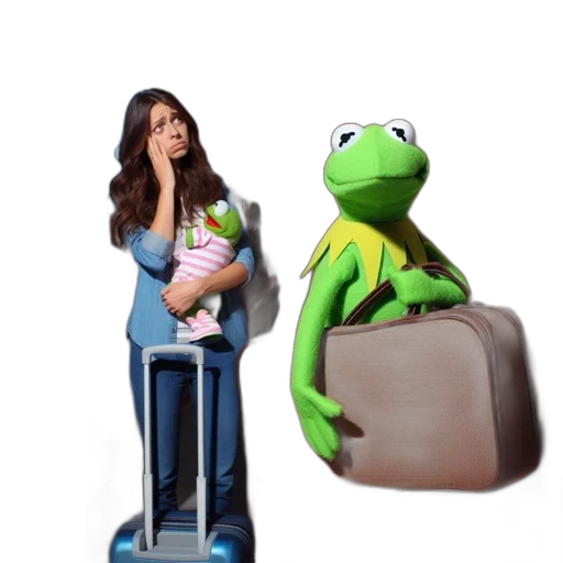 woman, near, door, holds, frog, plush, toy, suitcase transparent PNG cut-out