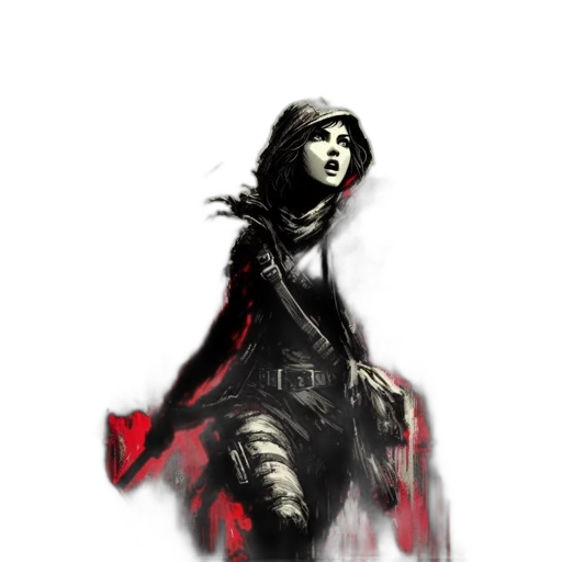 comic book art, concept art, fantasy art, pixel art, red, dark, female, character transparent PNG cut-out